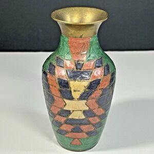 Vintage‎ Brass Vase, Hand Painted Enamel Vase, Metal Vase